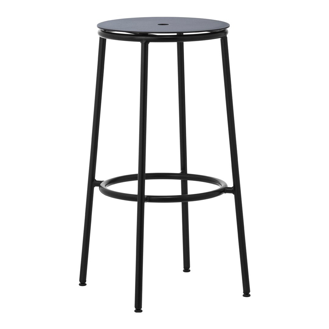 Black metal bar stool with a sleek, minimalist design and a round seat. Perfect for modern decor.