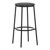 Black metal bar stool with a round dark gray fabric seat, sleek and modern design for stylish interiors.