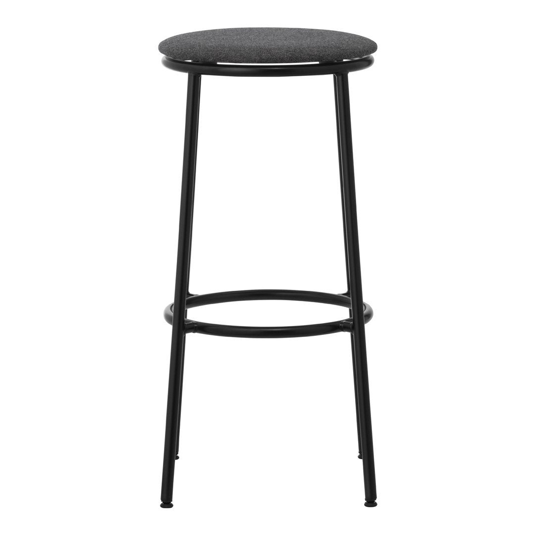 Grey fabric seat stool with a sleek black metal frame, perfect for modern decor. Simple, stylish, and minimalistic design.