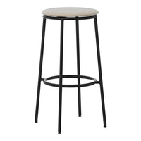 Black metal bar stool with a cream upholstered seat, featuring a minimalist design and smooth finishes.