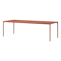 Rust-colored rectangular table with sleek, minimalistic design and straight metal legs. Perfect for modern spaces.
