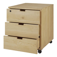 Natural wood finish with a light beige tone and simple, clean lines on a three-drawer rolling cabinet.