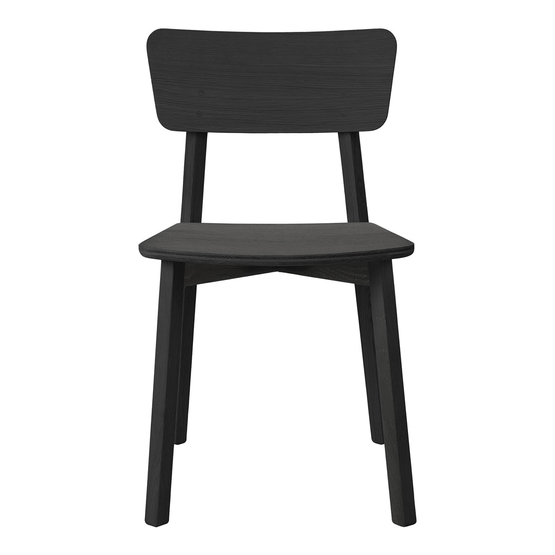 Black wooden chair with a simple, sleek design and smooth, matte finish. Ideal for modern decor.