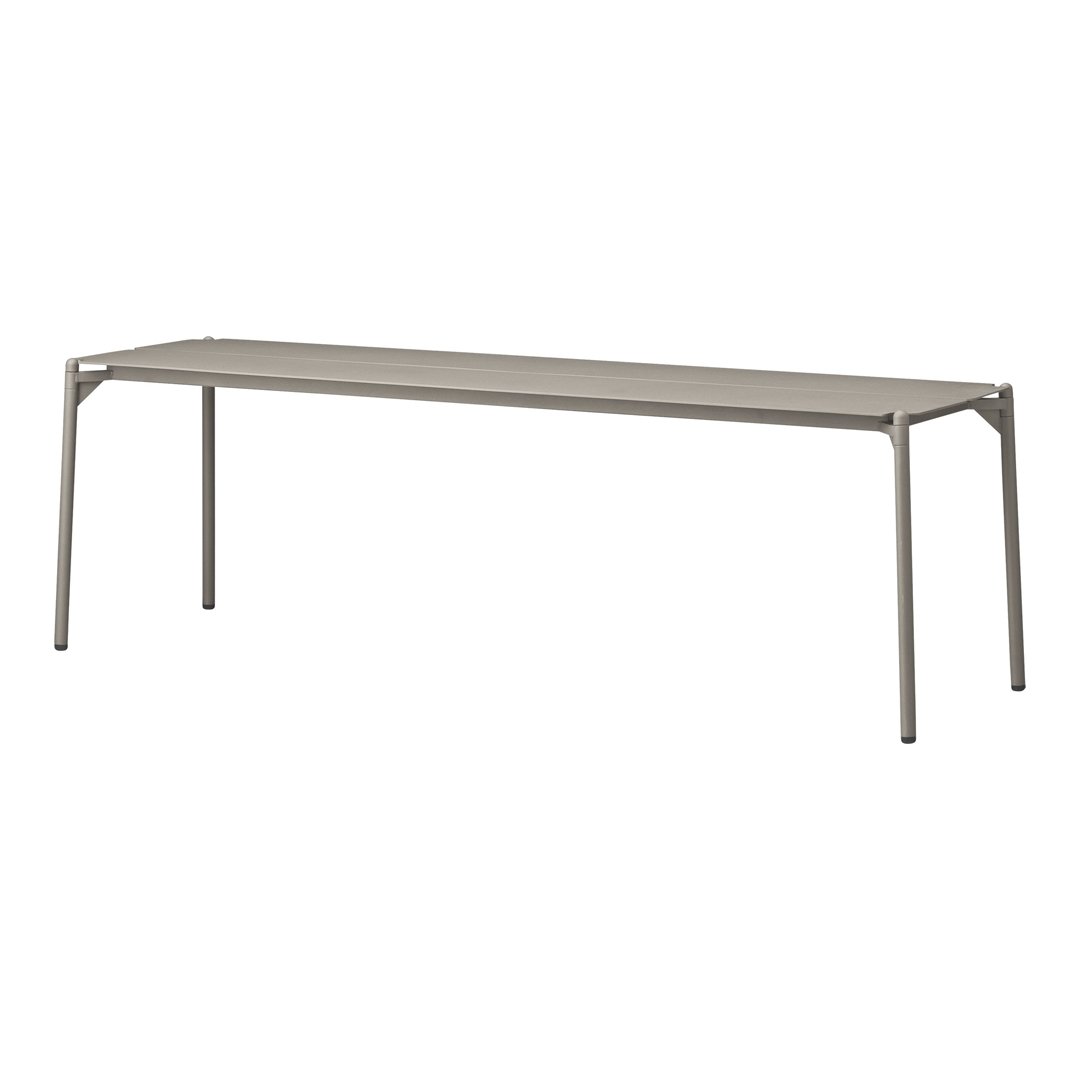 Modern gray metal table with a sleek, minimalistic design, featuring clean lines and a smooth surface.