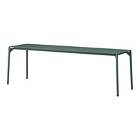 Green modern bench with a sleek design and minimalistic pattern, perfect for contemporary outdoor spaces.
