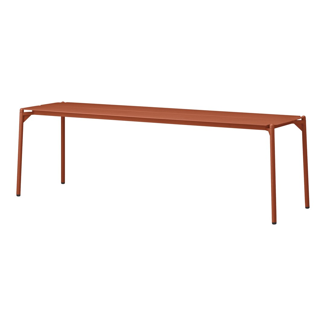 Rust-colored metal bench with a sleek, minimalist design and clean lines, perfect for modern outdoor spaces.