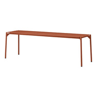 Rust-colored metal bench with a sleek, minimalist design and clean lines, perfect for modern outdoor spaces.