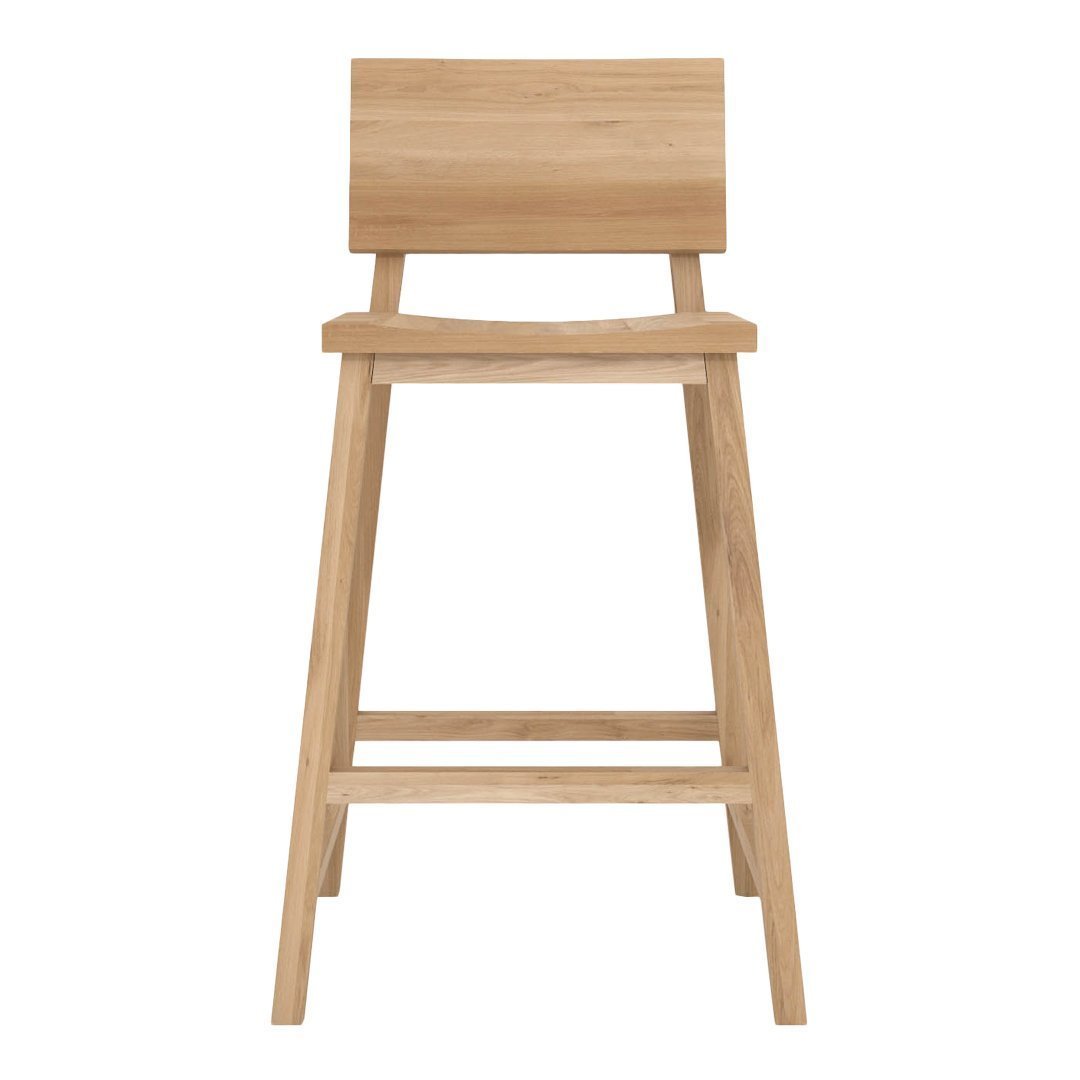 Natural light wood bar stool with a minimalist design and smooth finish, featuring a simple slatted backrest.