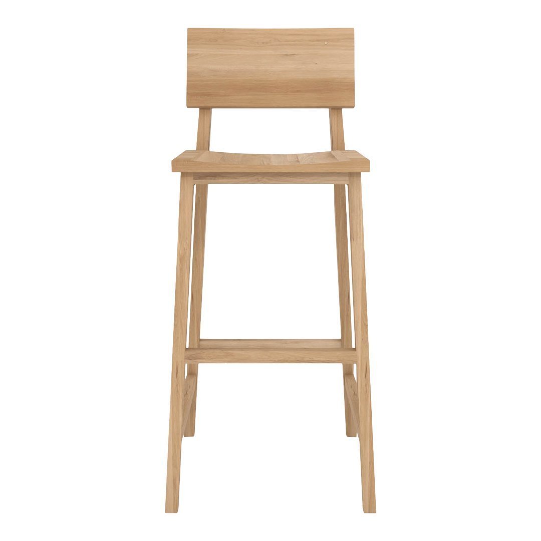 Natural wood bar stool with a minimalist design and light oak finish, showcasing a smooth, warm texture.