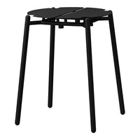 Black modern stool with a sleek, minimalist design and geometric overlapping top pattern.