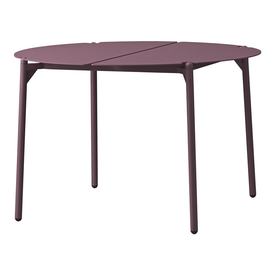 Round table in rich plum color, featuring a sleek, minimalist design with a smooth surface and clean lines.