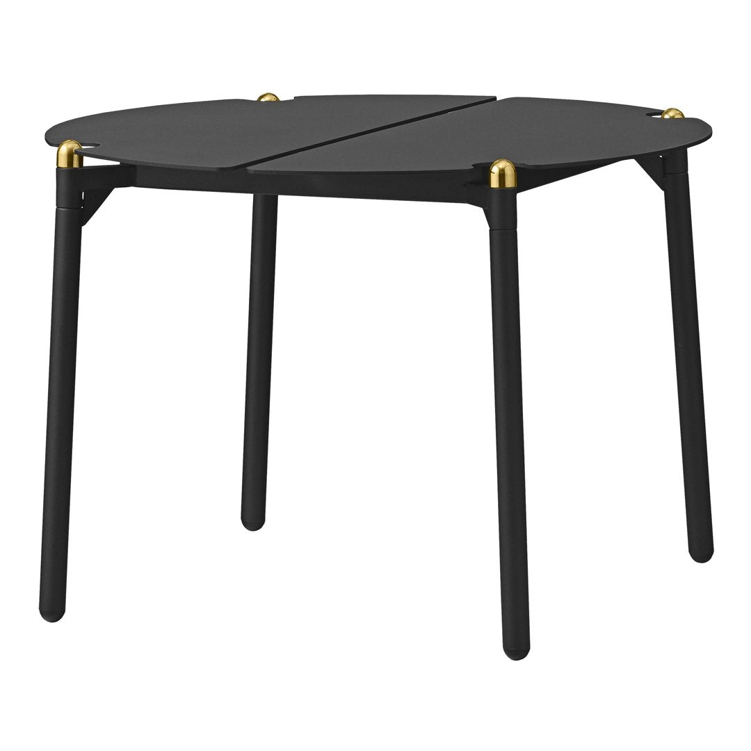 Stylish black folding table with gold accents and a sleek, modern design. Perfect for versatile home decor.
