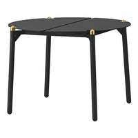 Stylish black folding table with gold accents and a sleek, modern design. Perfect for versatile home decor.