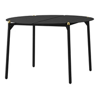 Black round table with a sleek design, featuring golden accents and a minimalist style suitable for modern decor.