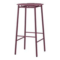 Tall maroon bar stool with slatted top and sleek metal frame, perfect for modern decor.