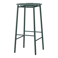 Green metal bar stool with a minimalist design and slatted top pattern, perfect for modern decor.