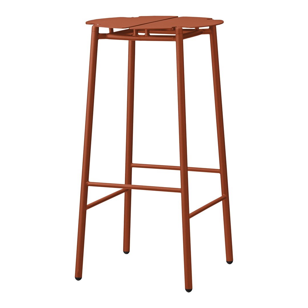 Rust-colored metal bar stool with a simple, slatted design and sleek, modern legs. Ideal for contemporary spaces.