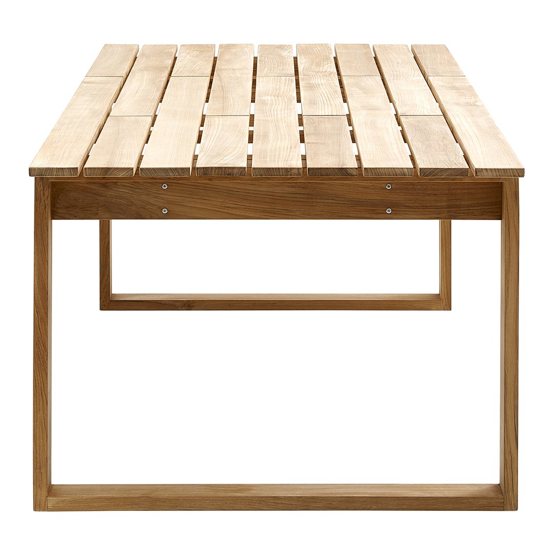 Wooden slatted tabletop in natural wood finish with a minimalist metal frame, showcasing a clean design.