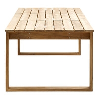 Wooden slatted tabletop in natural wood finish with a minimalist metal frame, showcasing a clean design.