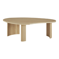 Natural wood coffee table with curved shape and vertical ribbed legs in light tan finish. Perfect for modern decor.