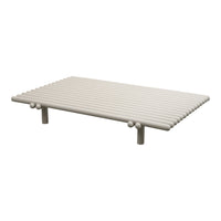 Light beige platform with a slatted design, featuring round end supports for a modern and minimalistic look.