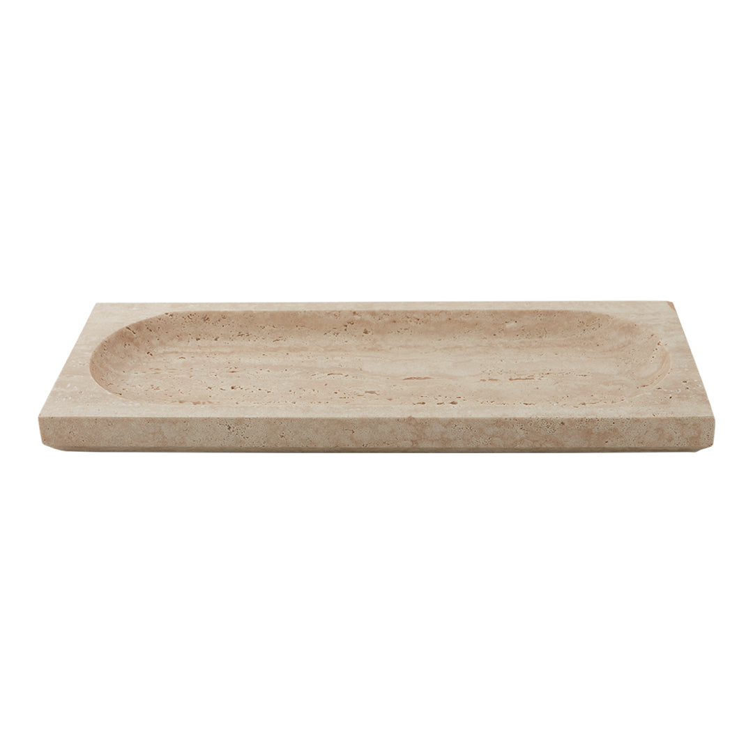 Natural beige stone tray with a smooth surface and rounded edge, showcasing subtle patterns and earthy tones.