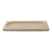 Natural beige stone tray with a smooth surface and rounded edge, showcasing subtle patterns and earthy tones.