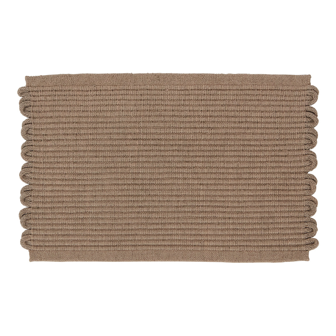 Brown striped rug with textured loops, perfect for adding warmth and style to any space.