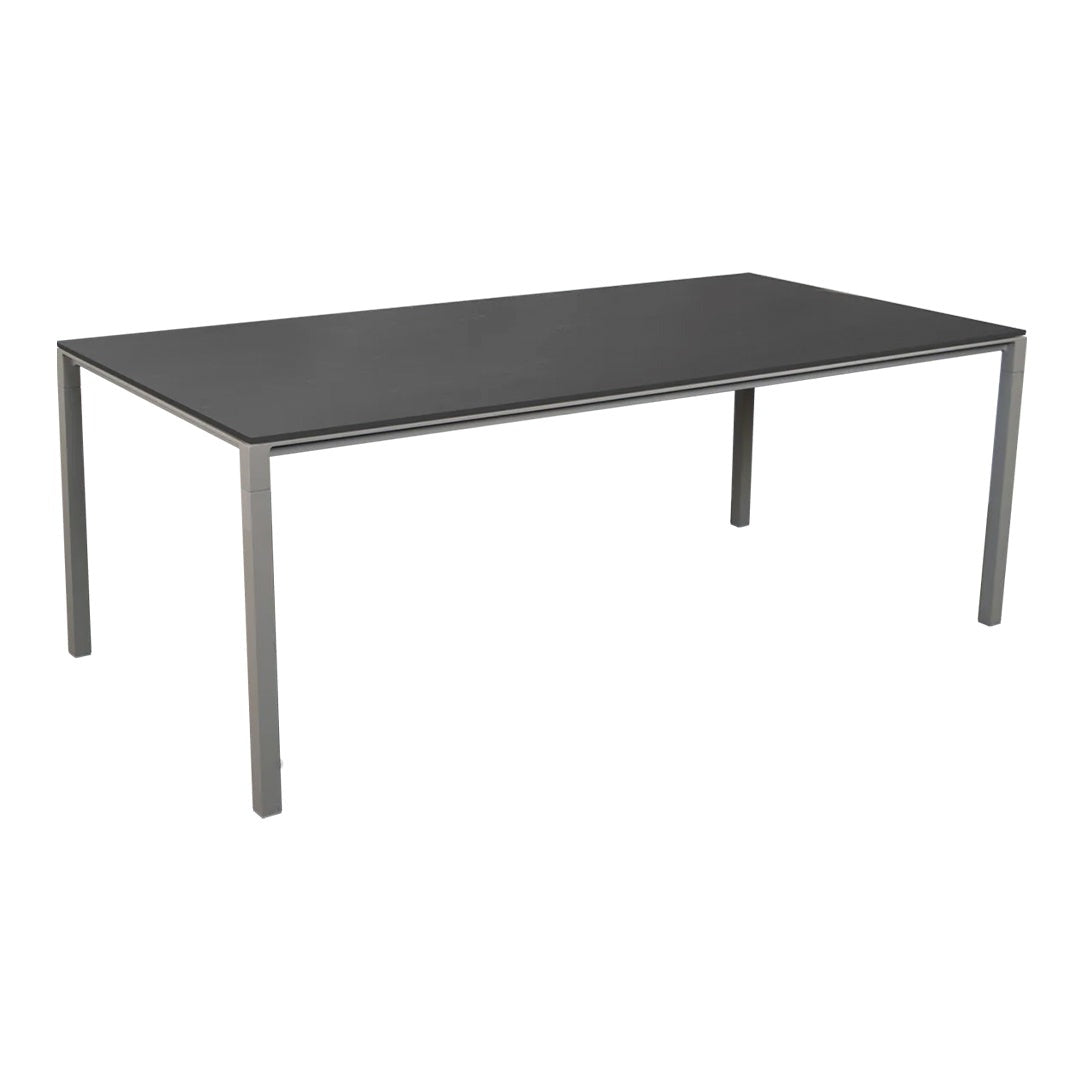 Sleek rectangular table in solid black with a minimalist gray frame, ideal for modern decor.