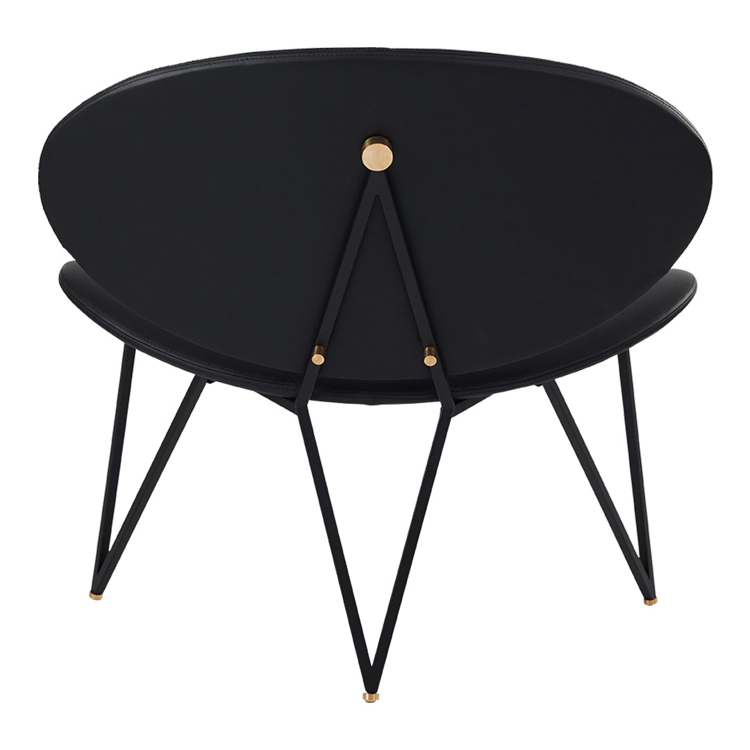 "Black chair with sleek round design and golden accents on legs, perfect for modern decor."