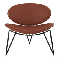Mid-century modern chair in rich brown fabric with sleek black metal legs, featuring a minimalist, smooth design.