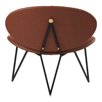 Brown oval fabric chair with black metal legs and gold accents, featuring a minimalist design and sleek patterns.