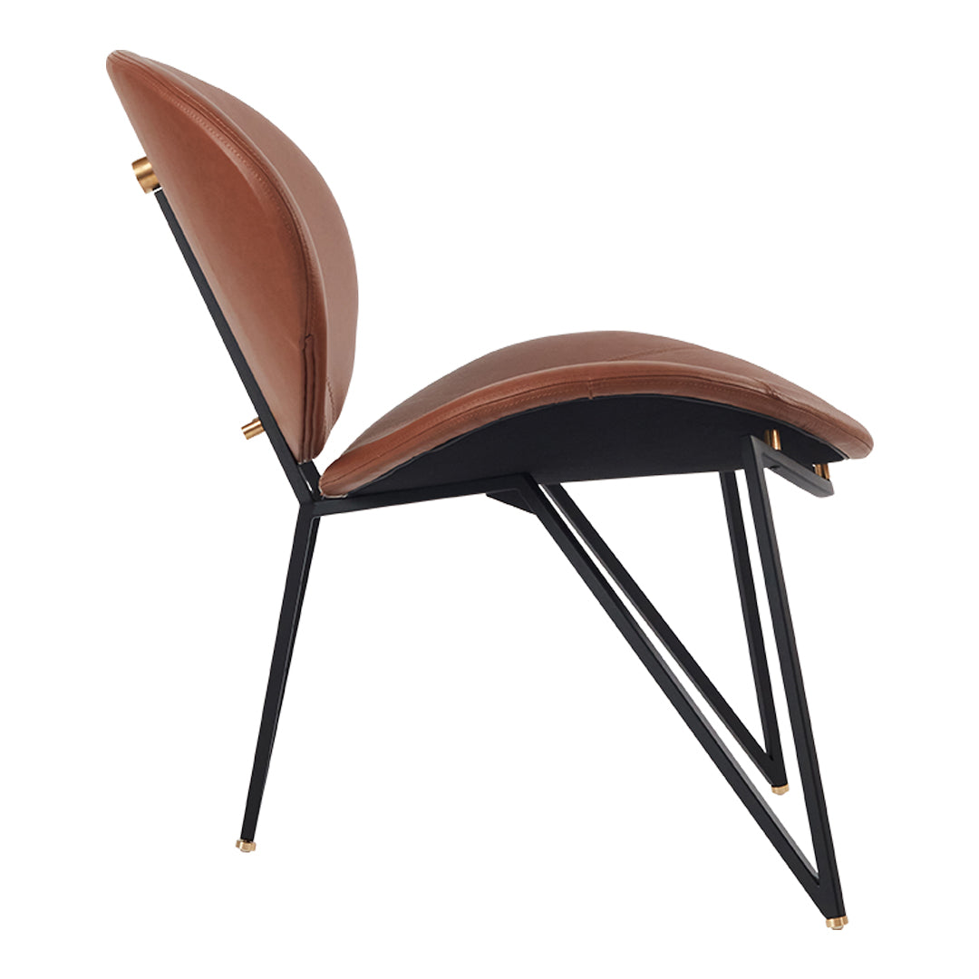 Brown leather chair with a sleek black metal frame and gold accents, featuring a modern, minimalist design.