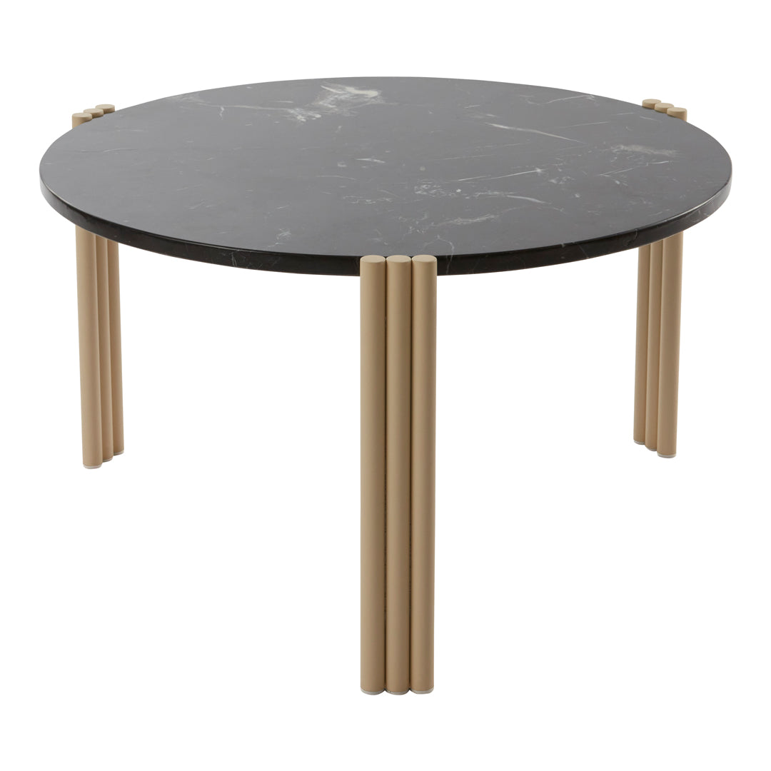 Round coffee table with a sleek black marble top and beige wooden legs. Elegant and modern design with a minimalist pattern.