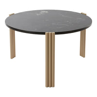 Round coffee table with a sleek black marble top and beige wooden legs. Elegant and modern design with a minimalist pattern.