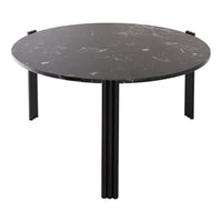 Black round coffee table with a sleek marble pattern and contrasting black legs. Modern minimalist design.
