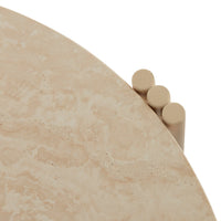 Beige marble tabletop featuring a smooth texture and rounded edge, complemented by three soft beige cylindrical legs.