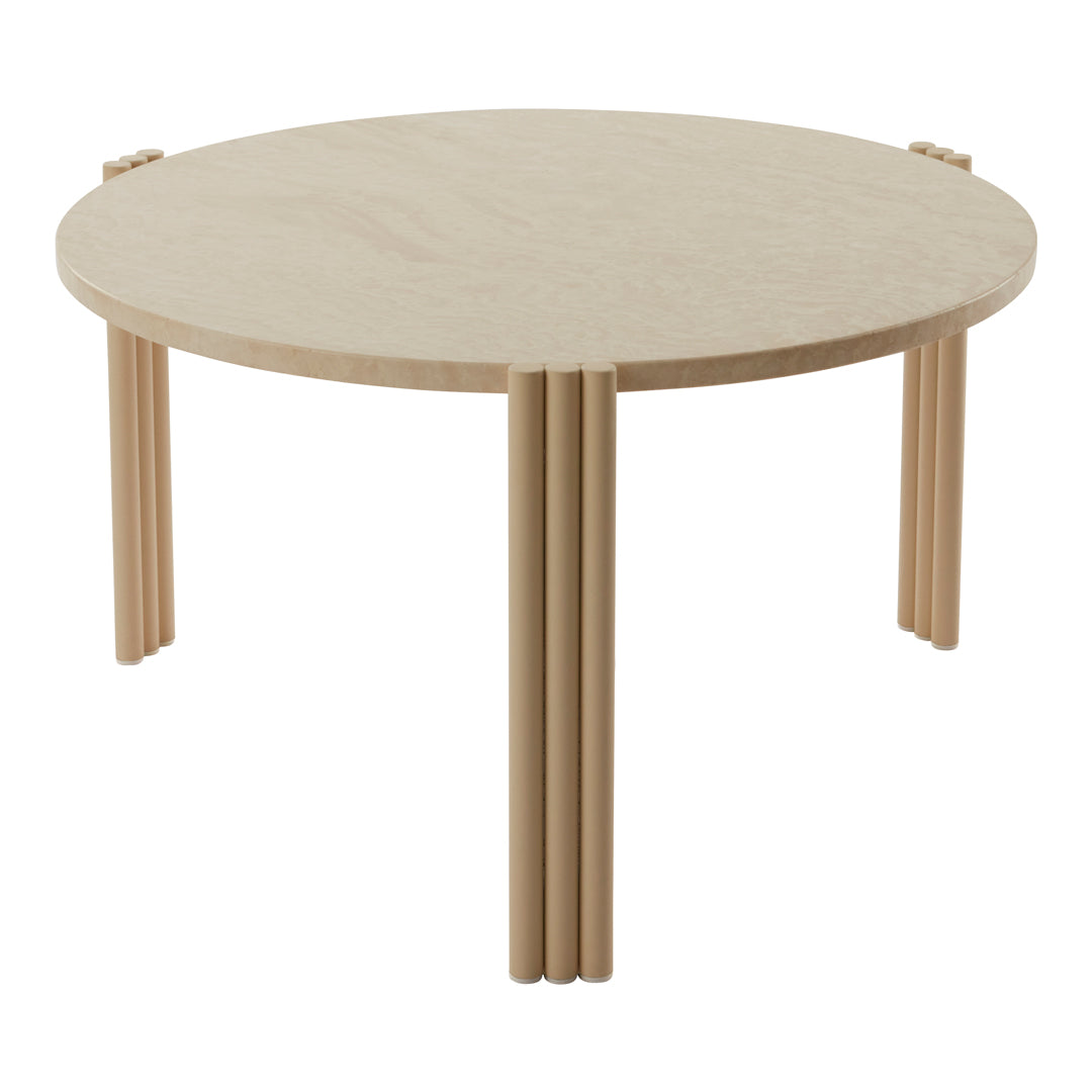 Round beige coffee table with smooth surface and minimalist beige legs, ideal for modern decor.