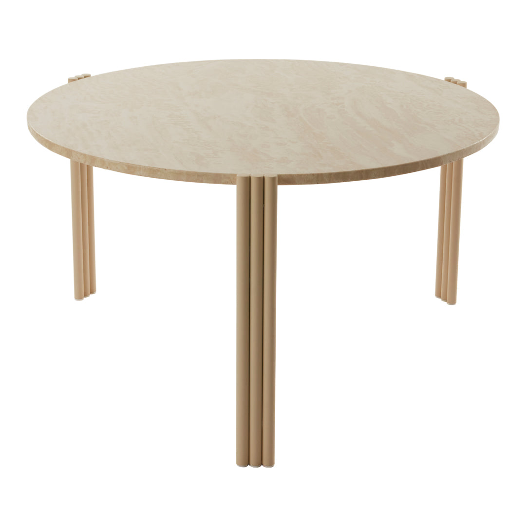 Round wooden table in light beige with a smooth, natural finish and simple vertical leg design.