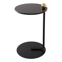 Modern black round side table with sleek marble top and gold accent. Minimalistic design, perfect for contemporary decor.