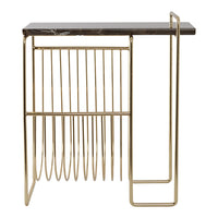 Gold metal frame with a black marble top, featuring sleek lines and a modern design. Perfect for contemporary decor.