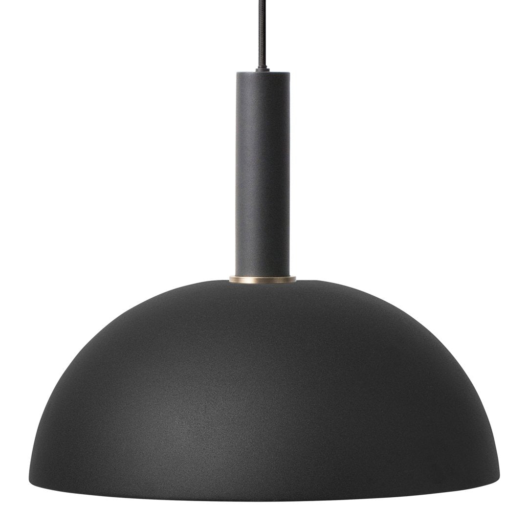 Matte black pendant lamp with a sleek dome shape and subtle gold accent. Modern minimalist design.