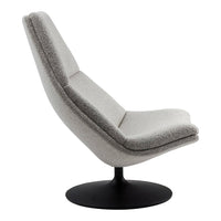 Gray upholstered chair with a smooth texture and black circular base, showcasing a minimalist design.