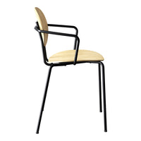 Black metal chair with a curved light wood seat and backrest, featuring a sleek, modern design.