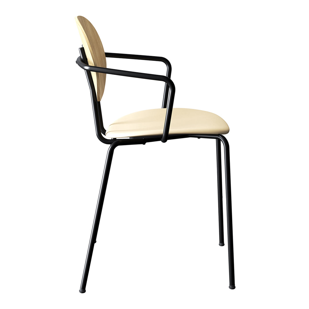 "Black metal chair with a light beige seat and backrest, minimalist design."