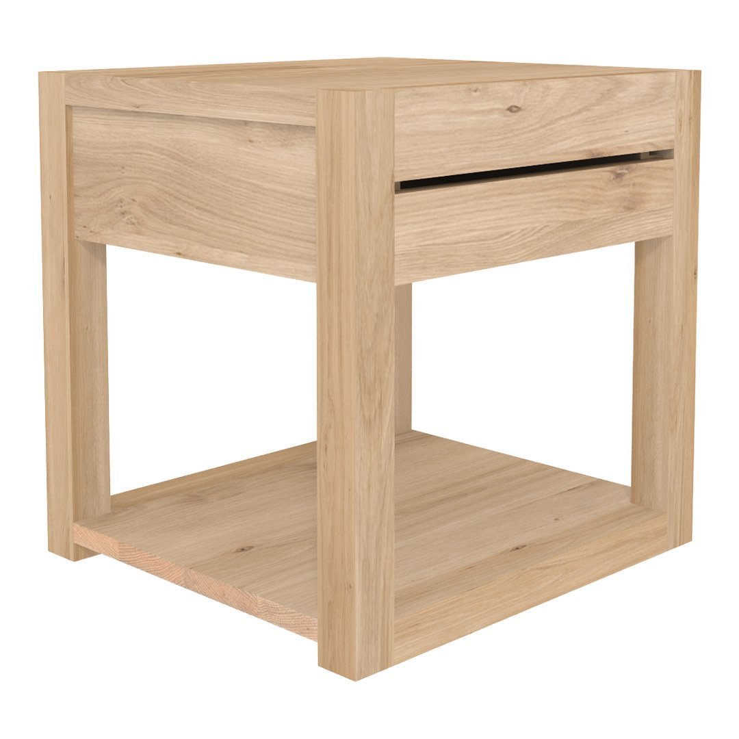 Light oak wood nightstand with a smooth finish, featuring a minimalist design and subtle grain patterns.