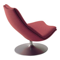 Red upholstered swivel chair with a smooth, curved design and metallic base. Perfect for modern interiors.