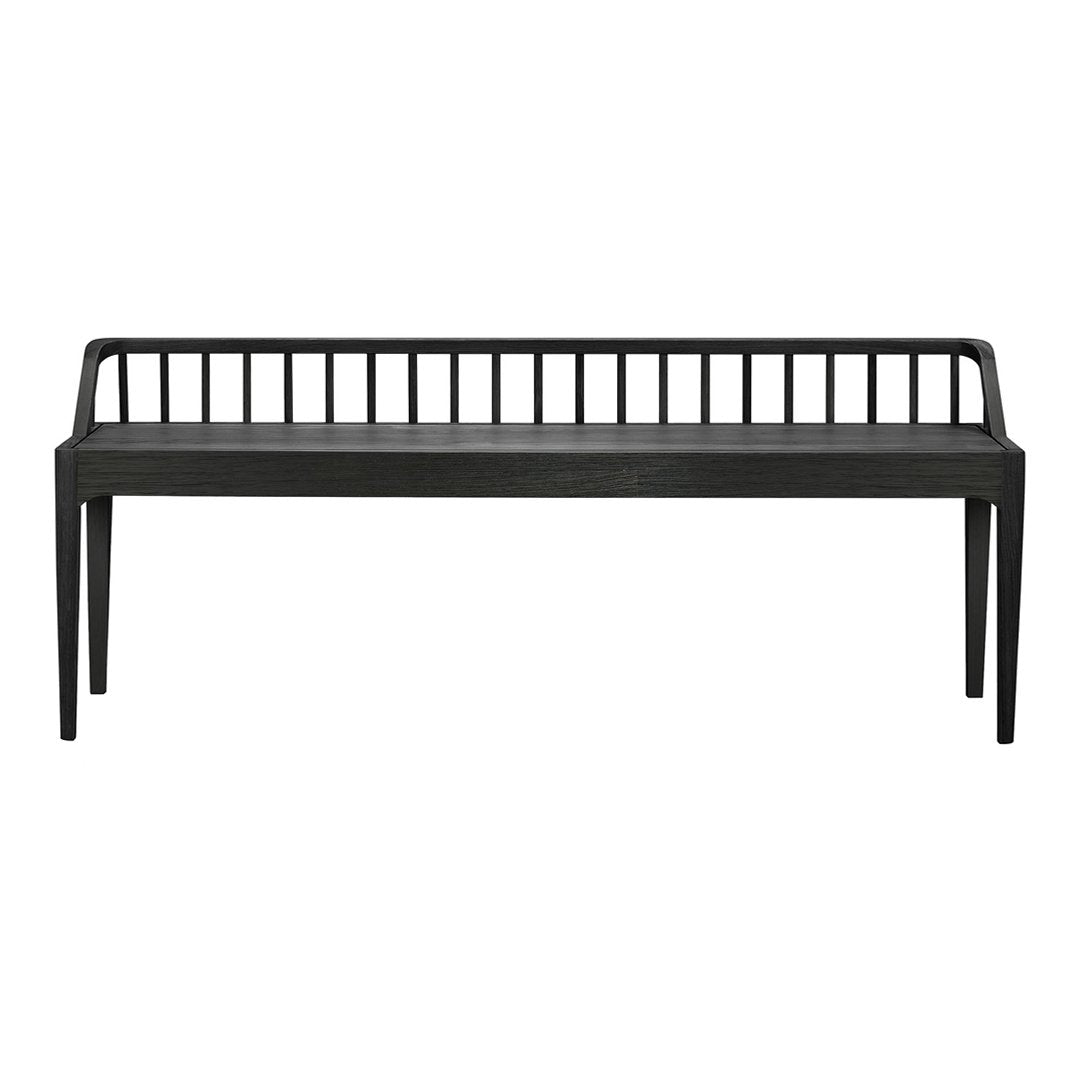 Black wooden bench with a slatted backrest and minimalistic design, showcasing sleek lines and smooth finish.