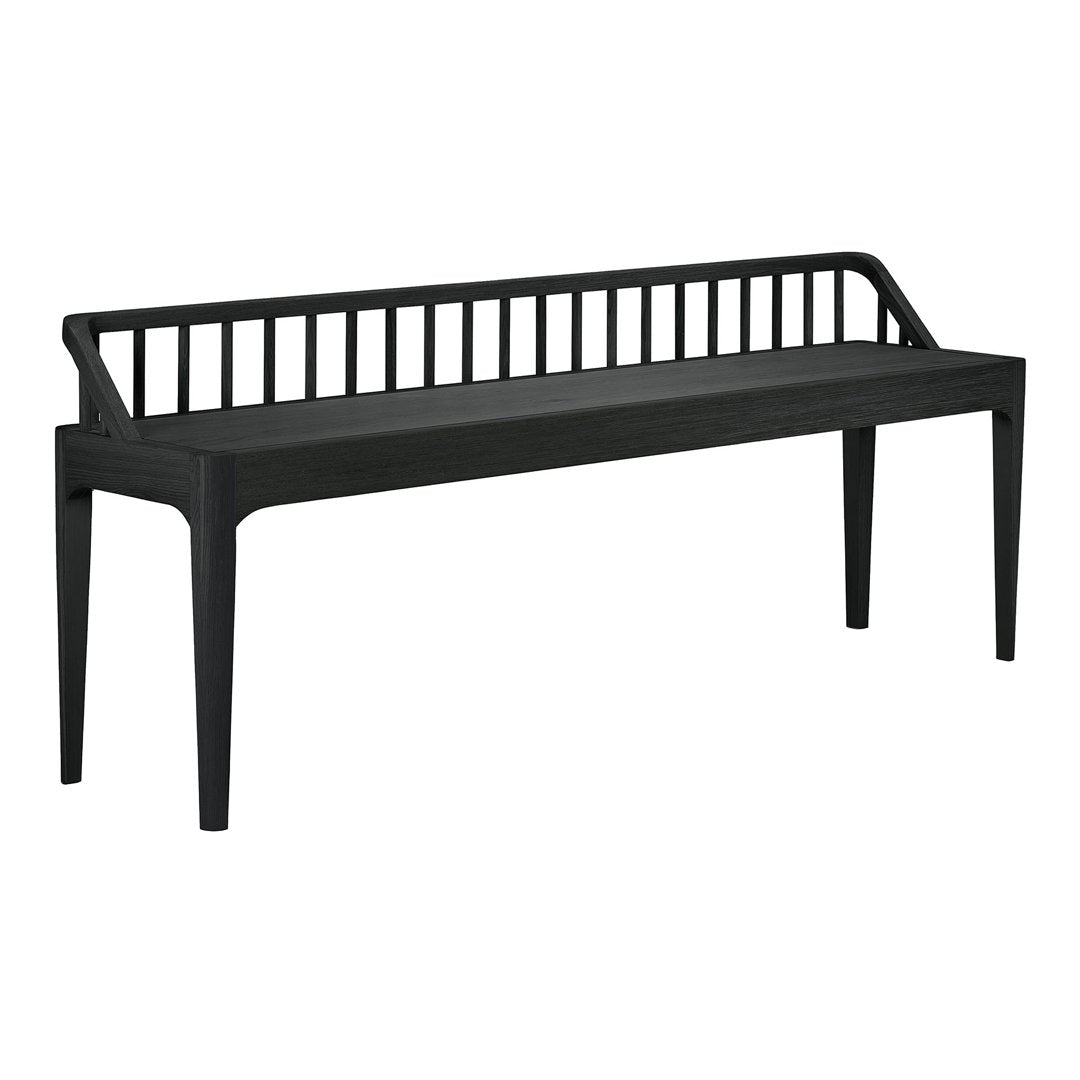 Black bench with a sleek design, featuring a slatted backrest and minimalist legs. Ideal for modern decor.
