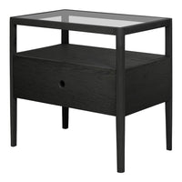 Black wooden nightstand with a glass top and simple, modern design. Features a smooth finish and clean lines.